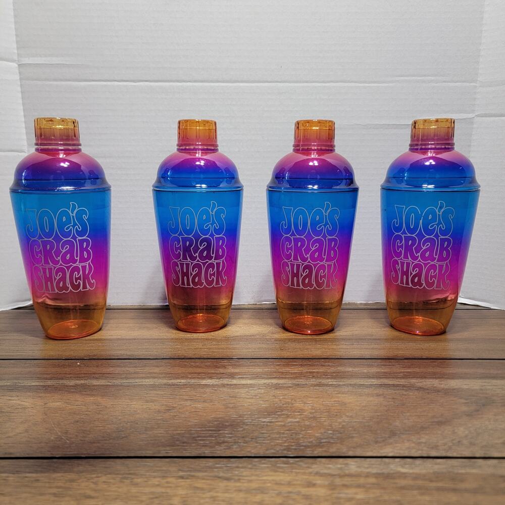 Set of 4 Joe's Crab Shack Rainbow Drink Shaker/Mixer/Shot Cup/Tumbler/Bottle